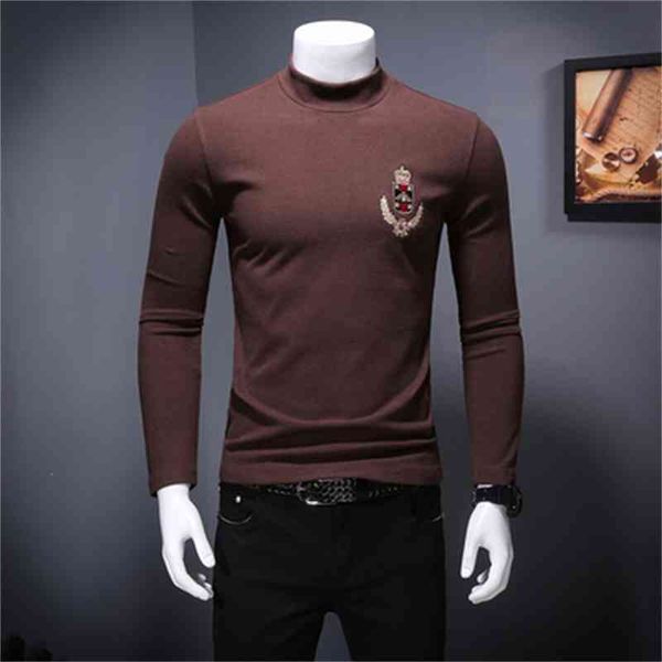 

men's t-shirts autumn and winter base with high collar long-sleeved t-shirt thick t-shirt badge embroidery large size men's l0di, White;black