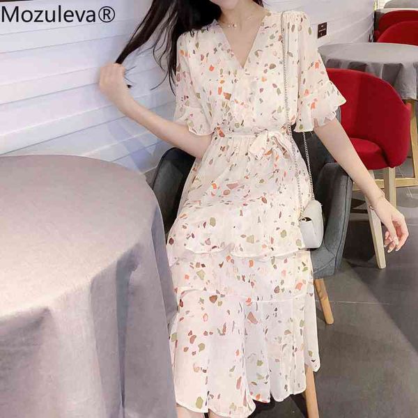 

elegant v-neck sweet women dress full sleeve elastic waist female chiffon summer midi vestidos cupcake 210427, Black;gray