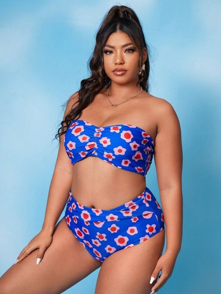 

plus floral ruched high waisted bikini swimsuit 87mu#, Black