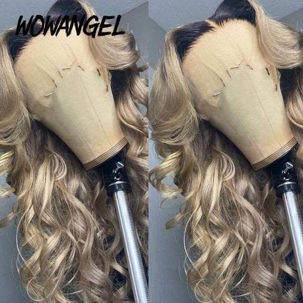 

lace wigs 13x6 front human hair wig colored ombre honey blonde brown body wave pre plucked bleached knots for women, Black;brown