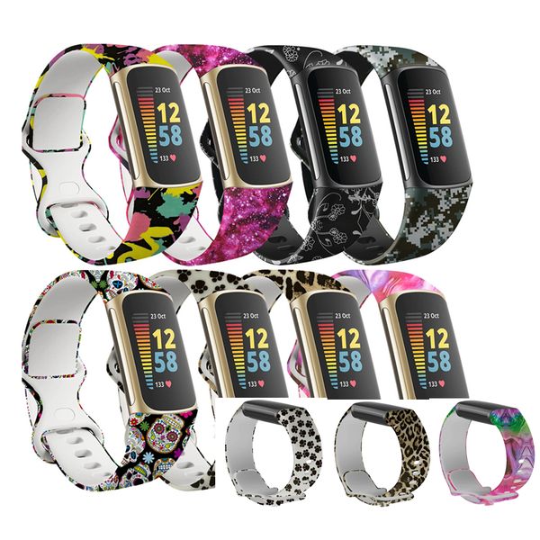 Padrão Impressão de Padrões Watchband Soft Silicone Bands Bracelet Sport Strap para Fitbit Charge 5 Charge5 Relógio Substituição Acessórios Smart