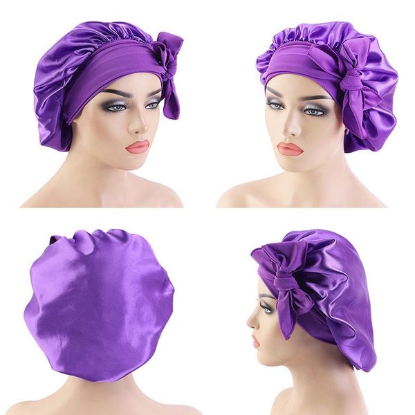 

beanie/skull caps satin women hat bonnet stretch solid color cap beanie with wide ties long hair care night sleep ladies head wrap, Blue;gray
