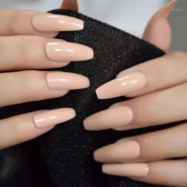 

nude orange long false nail coffin shiny full art tips pure color easy diy salon artificial1, Red;gold