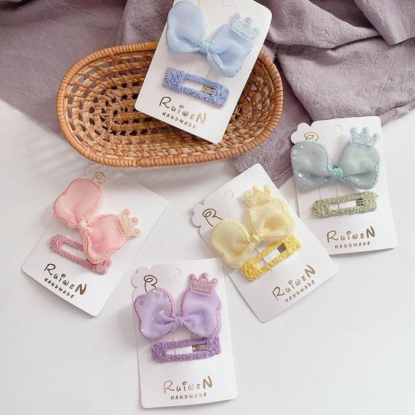 

hair accessories 2 pcs korean fashion sweet girl lace hollow square bb clip children's simple cute crown yarn bow duckbill headdress, Slivery;white