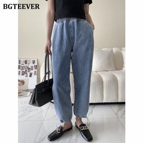 

stylish elastic high waist female denim trousers 2021 spring summer loose drawstring women straight jeans pants women's, Blue