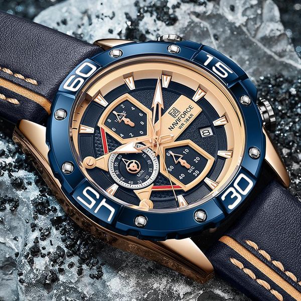 

wristwatches 2021 naviforce fashion men's sport watches military chronograph genuine leather quartz male clock, Slivery;brown