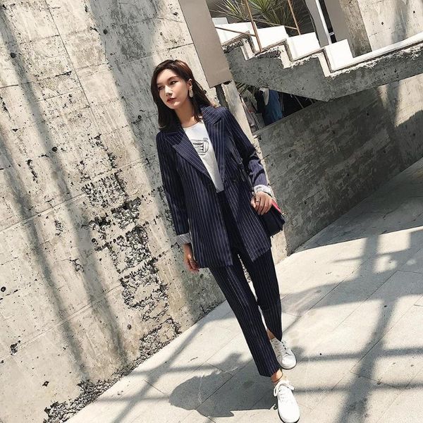 

women's suits & blazers 2021 autumn striped suit trousers female temperament slim casual two-piece women office sets winter set, White;black