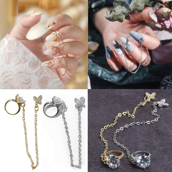 

nail art decorations 2pcs jewelry butterfly ring tassel pendant chain decoration zircon flash diamond accessories, Silver;gold