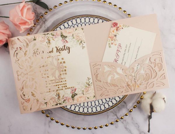 

greeting cards 100pcs pearl paper square pocketfold laser cut wedding invitation three folded cover for party supplies