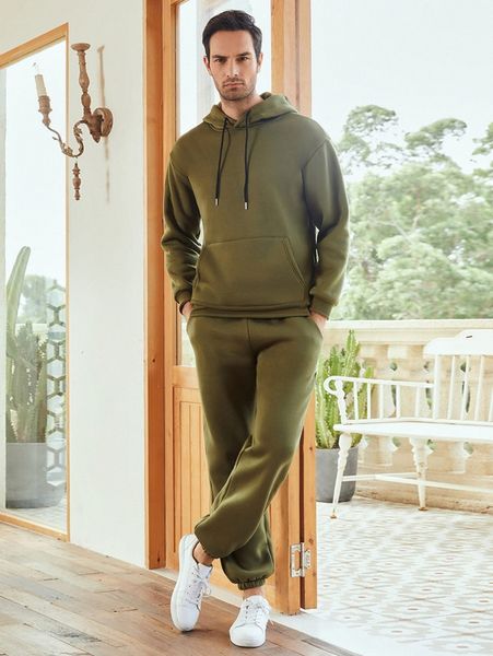 

men kangaroo pocket drop shoulder drawstring hoodie & sweatpants b2ag#, Gray