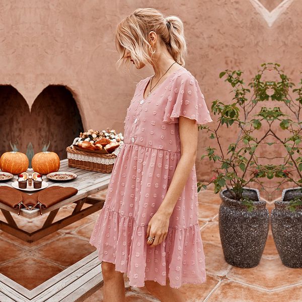 

summer women's elegant butterfly sleeve dress ladies new loose ruffles v-neck solid knee-length casual dress 210413, Black;gray