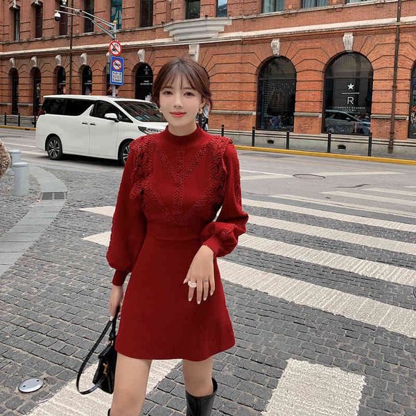 

dresses autumn and winter sweater half high collar splicing lace elegant temperament long sleeve, Black;gray