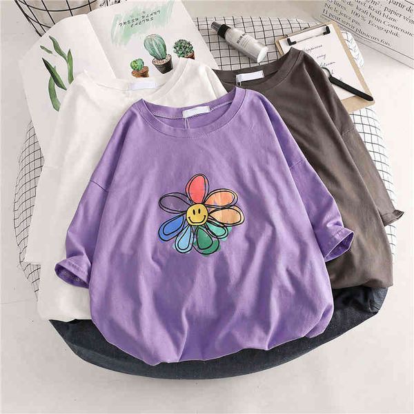 

women's t-shirt yedinas sunflower print t women summer t-shirt cotton female japanese style aesthetics oversized streetwear tee 6cro, White