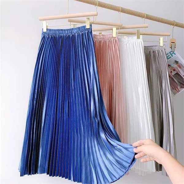 

autumn metallic a-line long pleated skirts winter elegant drape shine satin low calf 211124, Black