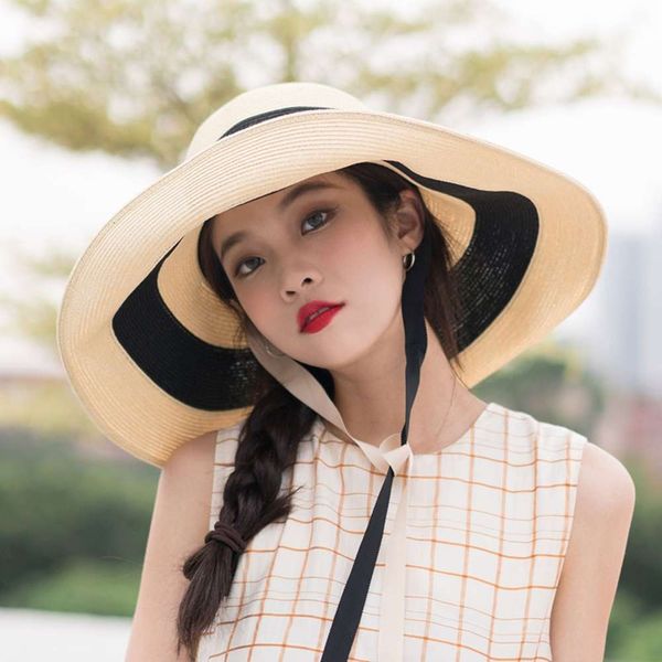 

meifan contrast color stripe large head girth wide brim sunshade sun hat seaside holiday foldable, Blue;gray