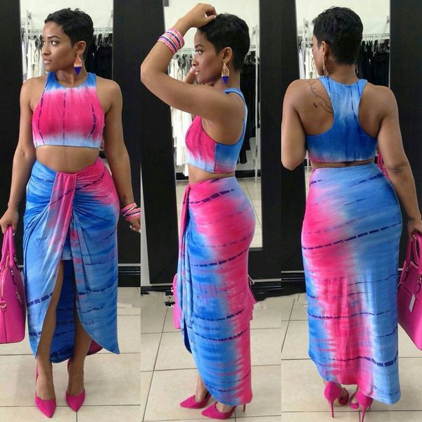 

fashion women o-neck sleeveless crop high waist ny bodycon split mid-calf skirt two piece sets with gradient color, White