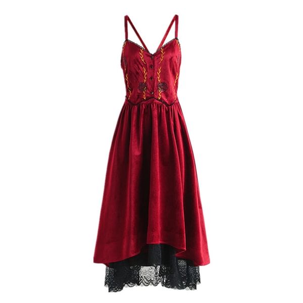 Сетчатый кружевной сексуальный ремешок без рукавов красное платье MIDI V шеи средний теленок подходит и вспышка бархата вышивка вечеринка D1494 210514