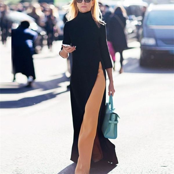 

shengpalae 2021 new spring fashion black turtleneck three quarter sleeve split hem woman floor-length dress female sc312, Black;gray