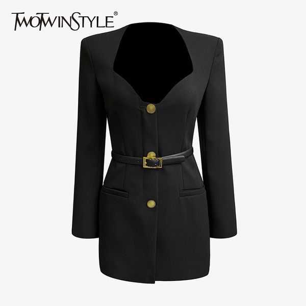 

twotwinstyle black mini dress for women asymmetrical collar long sleeve high waist sashes dresses female fashion new spring tide 210428, Black;gray