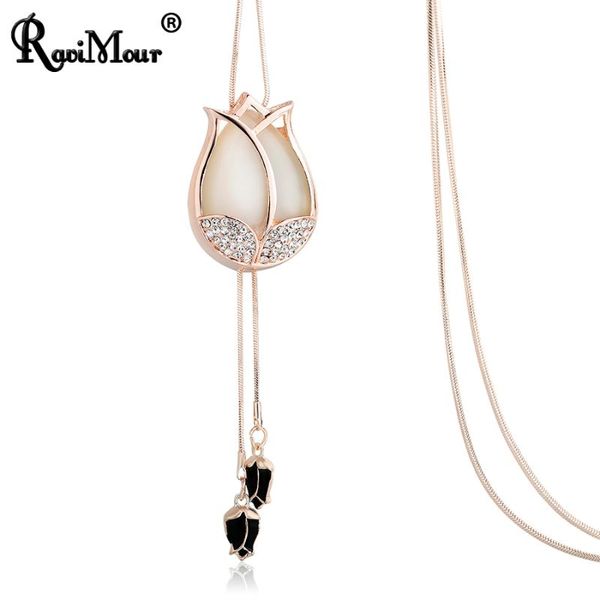 

pendant necklaces ravimour big choker kolye crystal opal statement pendants tulip flower tassel sweater chain long necklace jewelry gift, Silver