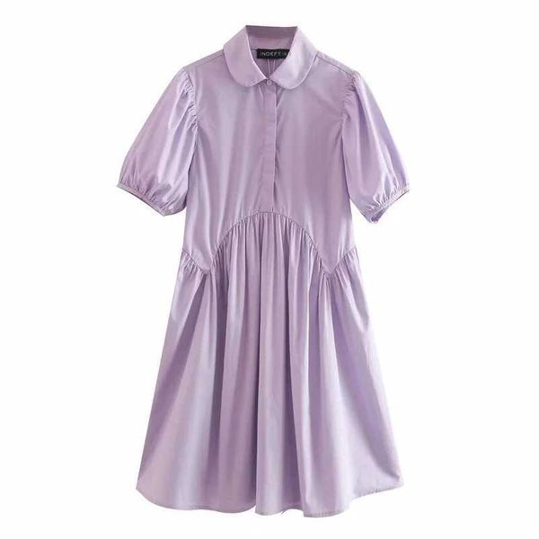 Hxjjp Damen-T-Shirt-Kleid, einfarbig, kurzärmelig, weiß, violett, Baumwolle, Sommerkleid, Laternenärmel, knielang, 210607