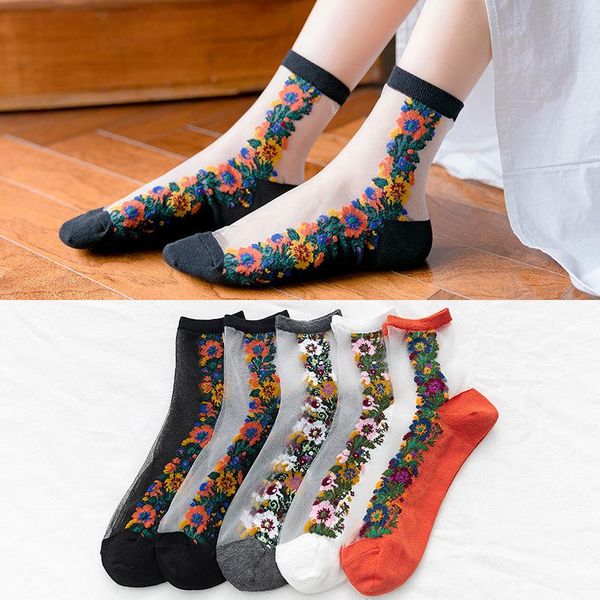 

socks & hosiery ethnic flower women's summer thin breathable long harajuku vintage streetwear elastic transparent silk crew, Black;white