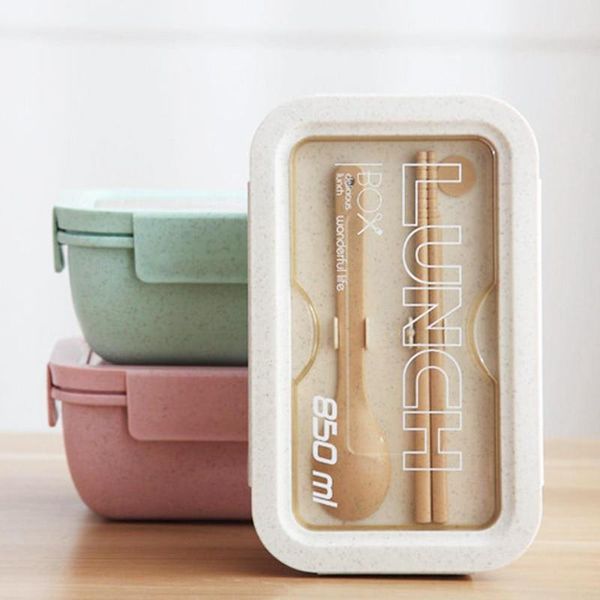 

dinnerware sets lunch box 3color 850ml with lid camping travel office bento stainless steel wheat straw fiber school picnics