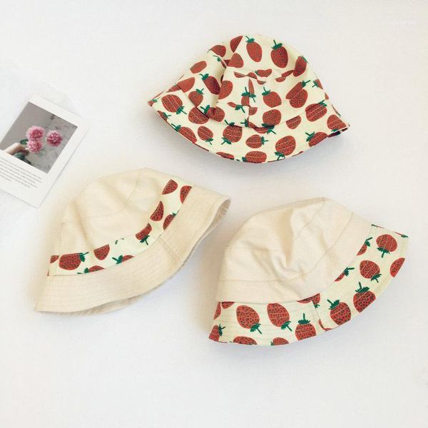 

korean style toddlers kids strawberry printed buckets hats spring summer children vacation outdoor sunshade caps1, Yellow