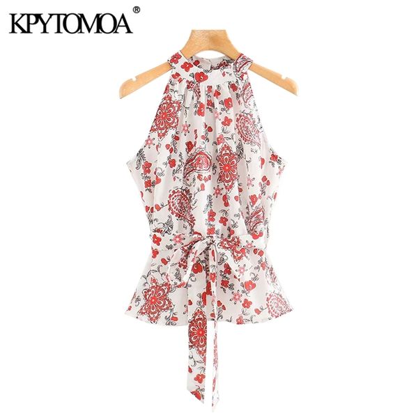 

women fashion with belt paisley print blouses sleeveless back zipper halter female shirts blusas chic 210420, Black;white