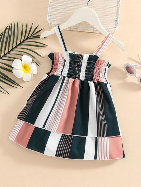 

baby block striped shirred two layer hem cami dress she, Red;yellow