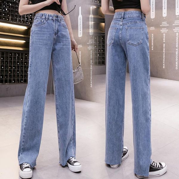 

houthion high waist women's denim jeans fashion summer korean casual thin pants solid color wide leg pocket, Blue