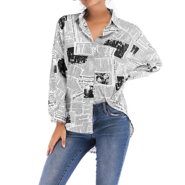 

women's blouses & shirts 2021 spring and autumn fashion letter printing spaper shirt loose lapel long sleeve wild casual, White
