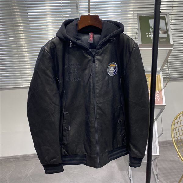 

Men's hooded washed leather down jacket in autumn and winter, Black