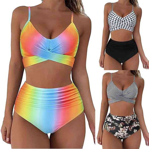 

fashion women's summer push up bikinis set tie-dye split two-piece halter bikini swimsuit swimwear bathing suit 210708, White;black