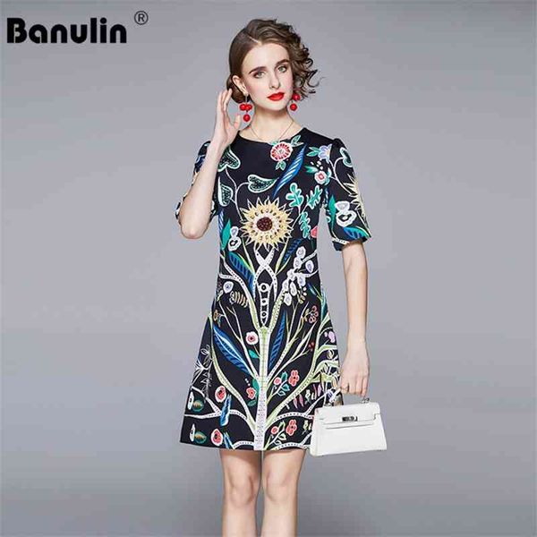 

banulin summer fashion runway mini dress women's short sleeve zipper beading floral print a line elegant dresses 210603, Black;gray