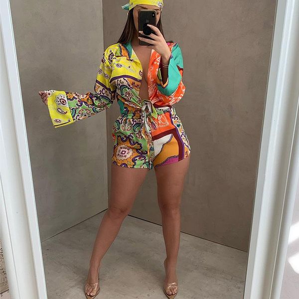 

women's tracksuits long sleeve tie front shirt & casual shorts set vintage printed two-piece suit streetwear, Gray