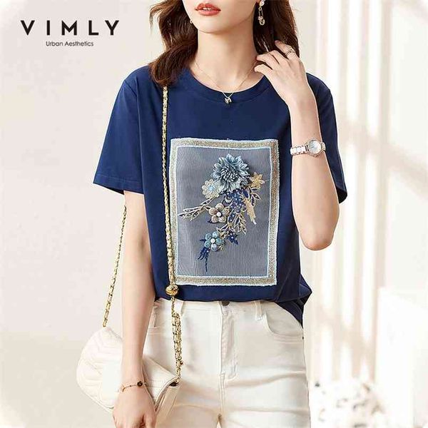 

vimly summer women tshirts fashion round neck embroidered tshirt harajuku short sleeve loose female clothes f7656 210708, White