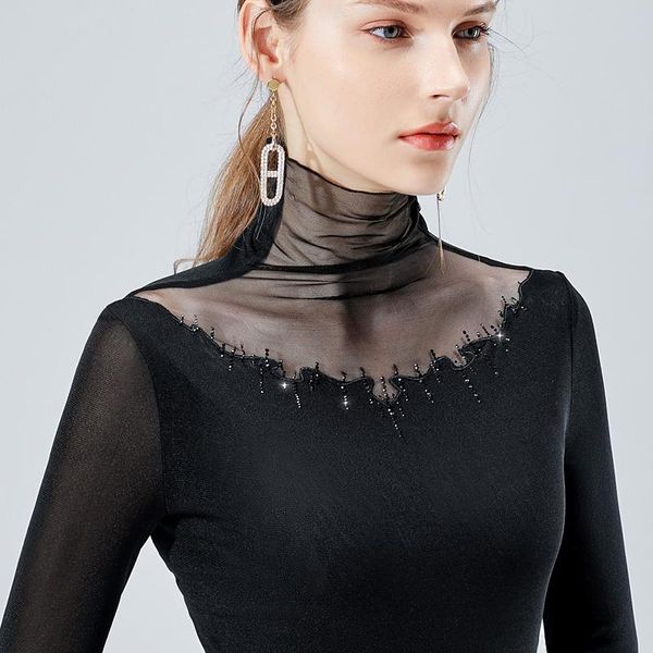 

women's t-shirt transparent t-shirts females mesh shirt women fashion solid colors long sleeve slim turtle neck shirts, White