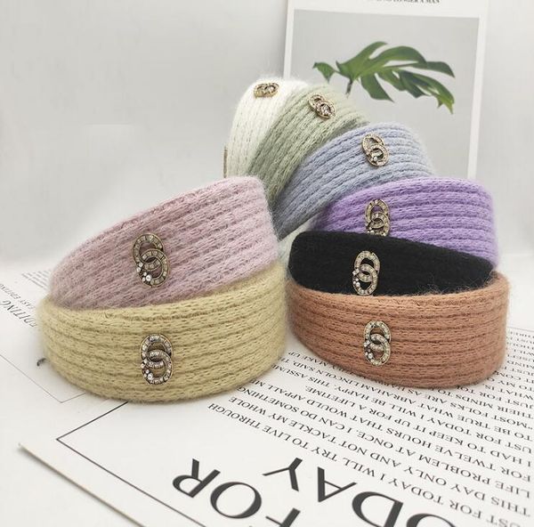 

vintage womens wool knitting headband bandana classic designer brand letter printing crystal rhinestone hairbands turban solid color headwra, Silver