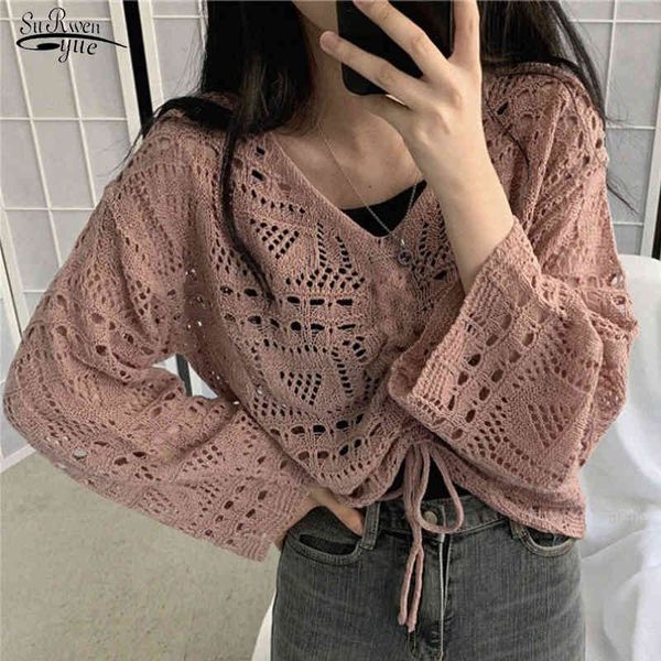 

autumn korean-style hollow-out knit women shirts casual loose solid blouse v neck long sleeve ladies clothing 10194 210508, White