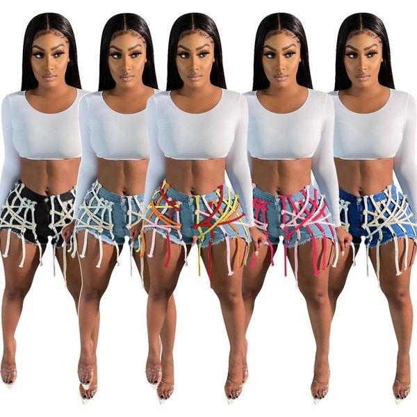 

women's shorts indie fashion denim summer zipper hollow out bandage string tassels high waist casual jeans streetwear 2022, White;black