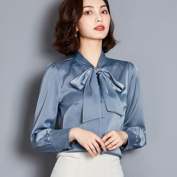 

korean womens shirts silk women blouses satin blouse plus size office lady solid long sleeve shirt blusas mujer de, White