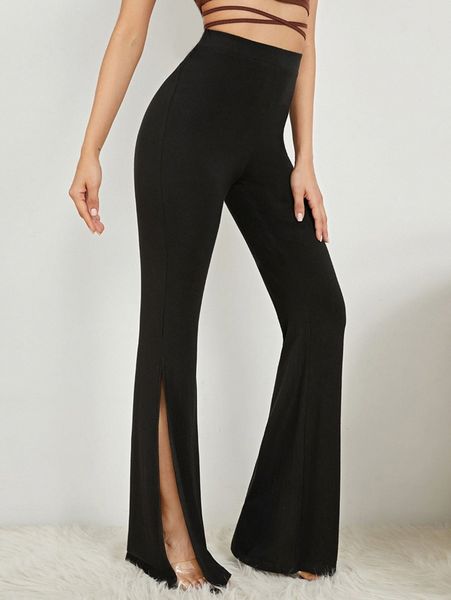 

high waist split hem flare leg pants j5d3#, Black;white