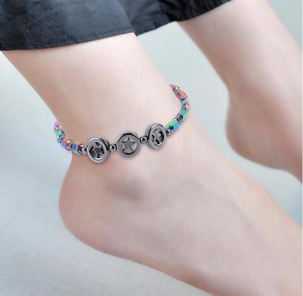 Magnética Oval Hematita Pedra Bead Anklets Pulseira Rainbow Star Mulheres Verão Praia Saúde Energia Cura Anklets Modelo Pé Jóias