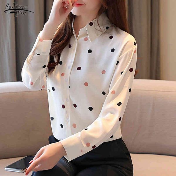 

spring chiffon shirt women's long sleeve style polka dot blousu office lady loose cardigan shirts 8351 50 210508, White