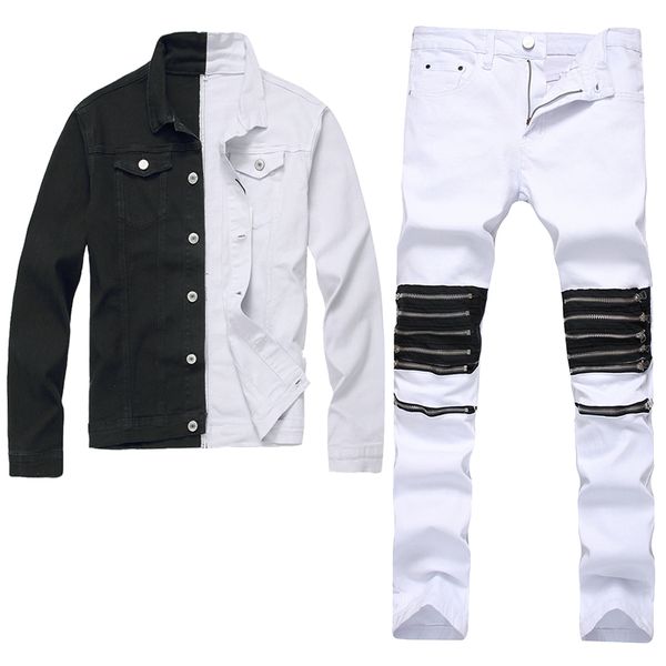 Survêtements Slim Fit pour hommes veste en jean pantalon 2 pièces ensemble manteau à manches longues bicolore noir et blanc + trous déchirés fermeture éclair décorer jean