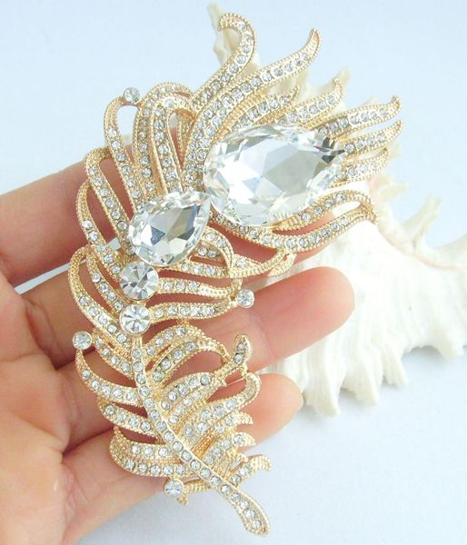 

4.33" peacock feather brooch pin pendant clear rhinestone crystal ee05038c13, Gray