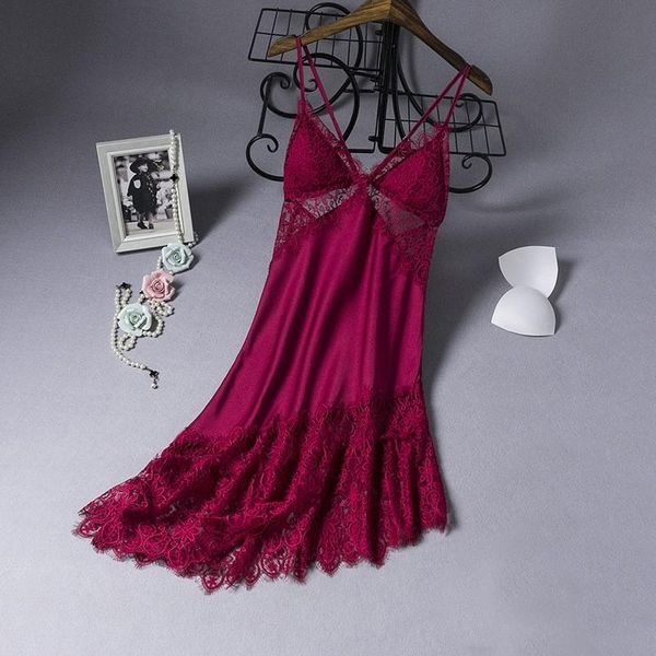 

women's sleepwear lace hollow out nightdress female nightgown strap bride summer dressing gown loungewear with pads sleep dress, Black;red