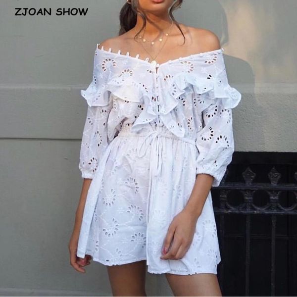 

holiday hollow out hole spiced lace ruffles hem long sleeve short dress white women slim waist fishtail dresses vestido casual, Black;gray