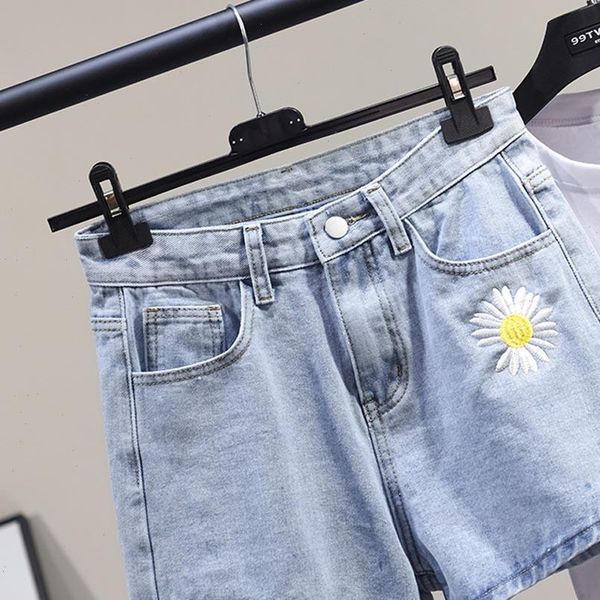 

denim tight bum jeans womens short high waist plus size summer flowers embroidery korean streetwear casual skinny slim, White;black